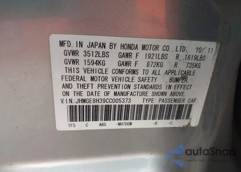 2012 Honda Fit from USA, damaged, VIN JHMGE8H39CC005373